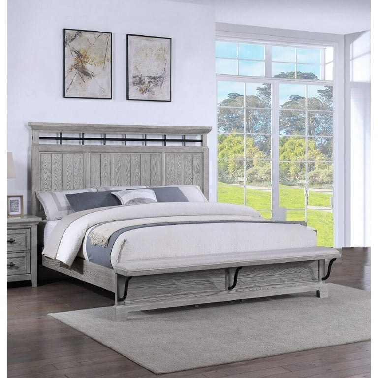 Unique 1pc Rustic Light Gray Finish King Size Panel Built-in Bench