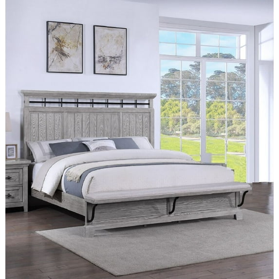 Unique 1pc Rustic Light Gray Finish Queen Size Panel Built-in Bench Bed Set Solid Wood Furniture