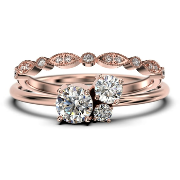 Unique 3 Stone Minimalist 1.05 Carat Round Cut Diamond Moissanite Engagement Ring, Trilogy Ring, Wedding Ring in 10k Solid Rose Gold, Bridal Set, Matching Band, Anniversary Ring