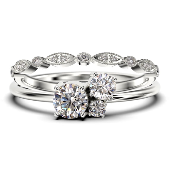 Unique 3 Stone Minimalist 1.05 Carat Round Cut Diamond Moissanite Engagement Ring, Trilogy Ring, Wedding Ring in 10k Solid White Gold, Bridal Set, Matching Band, Anniversary Ring