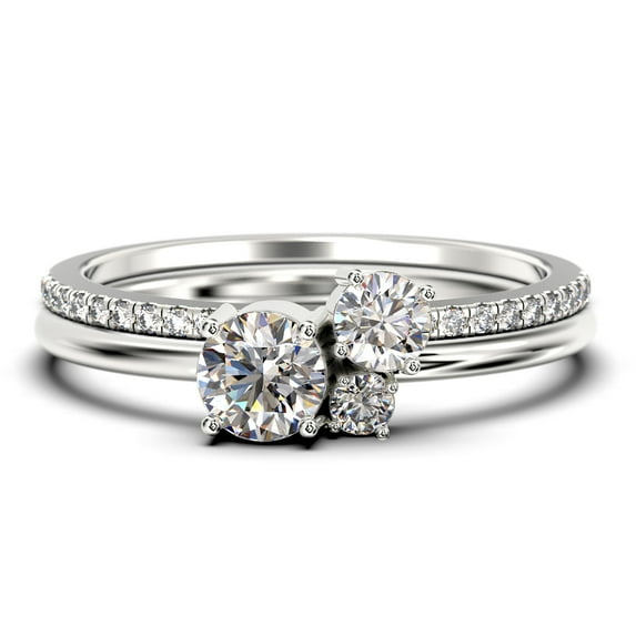 Unique 3 Stone Minimalist 1.05 Carat Round Cut Diamond Moissanite Engagement Ring, Trilogy Ring, Wedding Ring In 10K Solid White Gold, Bridal Set, Matching Band, Anniversary Ring