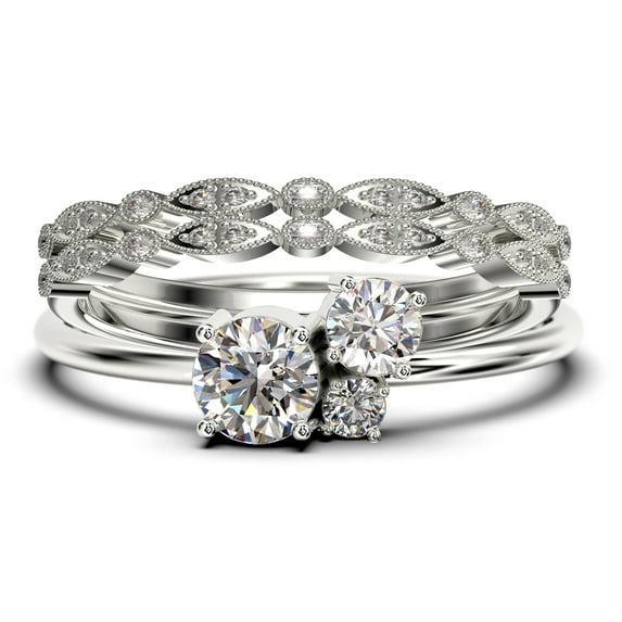 Unique 3 Stone Minimalist 1.55 Carat Round Cut Diamond Moissanite Engagement Ring, Trilogy Ring, Wedding Ring in 10k Solid White Gold, Trio Set, Matching Band, Anniversary Ring
