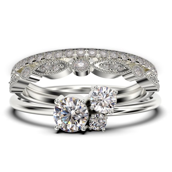 Unique 3 Stone Minimalist 1.55 Carat Round Cut Diamond Moissanite Engagement Ring, Trilogy Ring, Wedding Ring in 10k Solid White Gold, Trio Set, Matching Band, Anniversary Ring