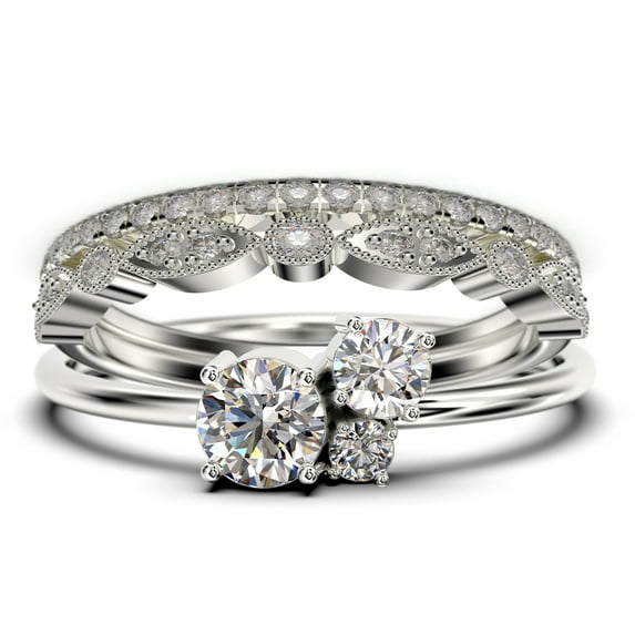 Unique 3 Stone Minimalist 1.55 Carat Round Cut Diamond Moissanite Engagement Ring, Trilogy Ring, Wedding Ring in 10k Solid White Gold, Trio Set, Matching Band, Anniversary Ring