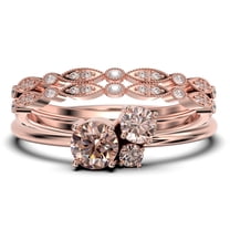 Unique 3 Stone Minimalist 1.55 Carat Round Cut Morganite Engagement Ring, Trilogy Ring, Wedding Ring in 925 Sterling Silver With 18k Rose Gold Plating, Trio Set, Matching Band