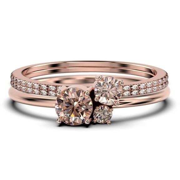 Unique 3 Stone Minimalist 1.55 Carat Round Cut Morganite Engagement Ring, Trilogy Ring, Wedding Ring In 10K Solid Rose Gold, Trio Set, Matching Band, Anniversary Ring