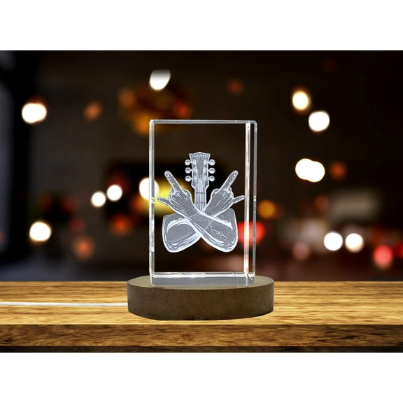 Unique 3D Engraved Crystal with Crossed Hands Rock n Roll Gesture and Guitar Design - Perfect Gift for Music Lovers