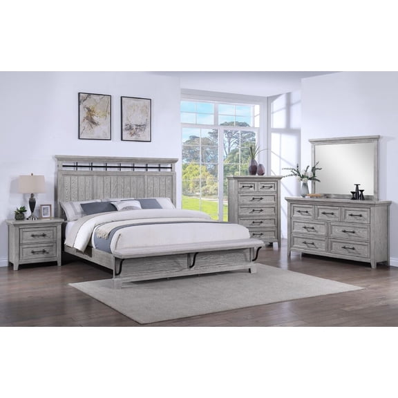 Unique 5pc Light Gray Finish King Size Panel Built-in Bench Bed Set Solid Wood Bedroom Furniture