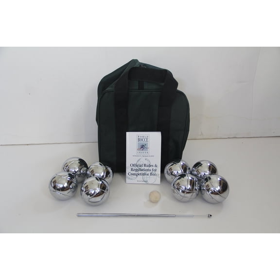 Unique 73mm Petanque/Bocce Pack - with 8 Silver Balls, Green Nylon case, Rule Book and extendable Measuring Device