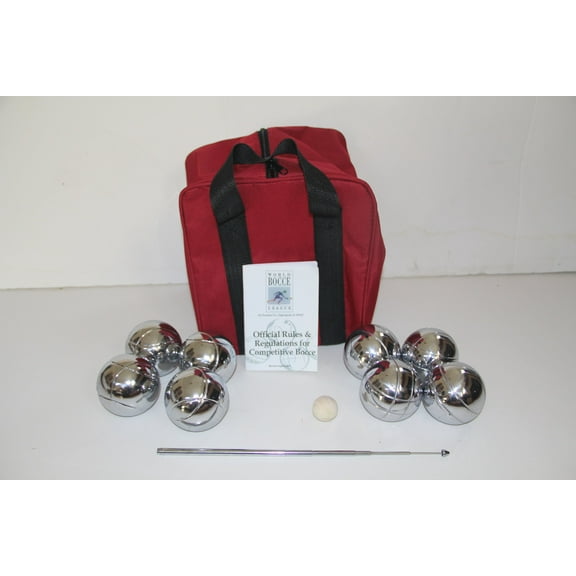 Unique 73mm Petanque/Bocce Pack - with 8 Silver Balls, red Nylon case, Rule Book and extendable Measuring Device