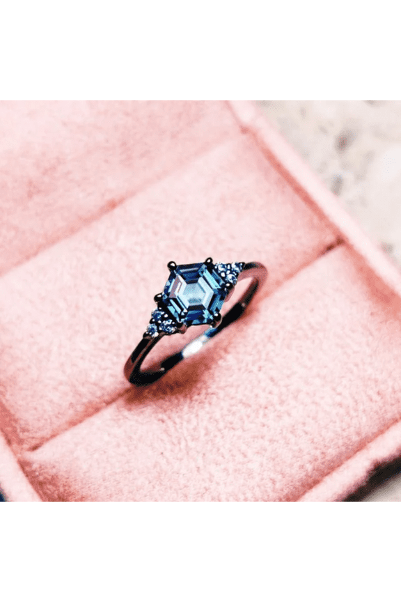 Unique Alexandrite Engagement Ring in 14K Black Gold Vermeil- Hexagon Cut Ring- Vintage Dainty Diamond Ring