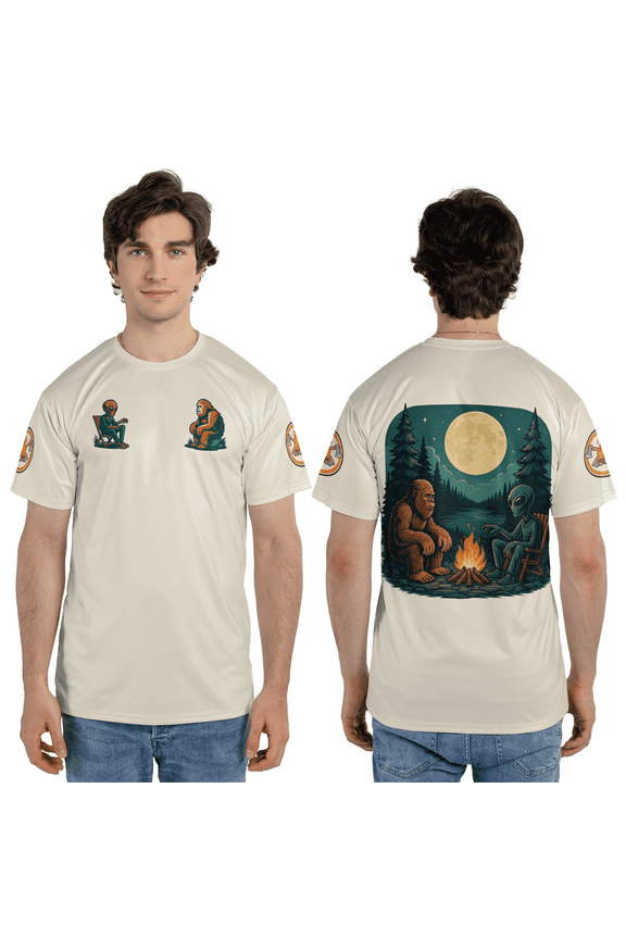 Unique Alien Bigfoot Campfire 3D T-Shirt, UFO Sasquatch Night Forest 3D Tee, Retro Bigfoot Alien Camping 3D Print Shirt