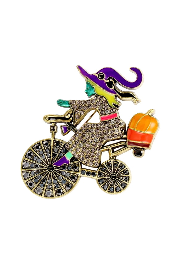 Unique Alloy Witch Riding Pumpkin Pin Festive Jewelry Gift For Autumn Halloween Celebration