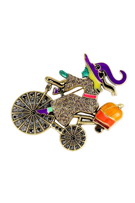 Unique Alloy Witch Riding Pumpkin Pin Festive Jewelry Gift For Autumn Halloween Celebration