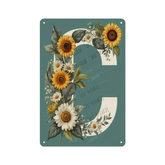 Unique Alphabet Letter C Metal Tin Sign with Floral Design Custom Initial Wall Art for Office, Nursery, Vanity Room Gift for Daughter, Girlfriend, Teacher 12x16 inch