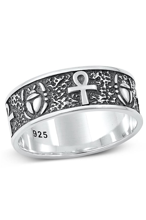 Unique Ankh & Scarab Beetle Ring .925 Oxidized Sterling Silver Band Jewelry Female Male Size 10
