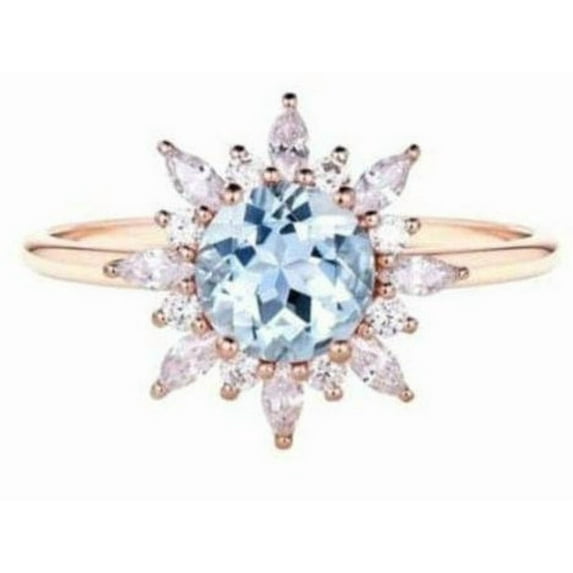 Unique Aquamarine Engagement Ring with Floral Sapphire Accents – March Birthstone Promise Ring in Sterling Silver – Antique-Inspired Design Gift Silver 5.5