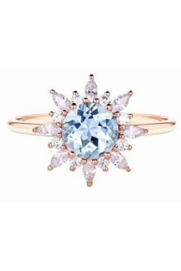 Unique Aquamarine Engagement Ring with Floral Sapphire Accents – March Birthstone Promise Ring in Sterling Silver – Antique-Inspired Design Gift Silver 5