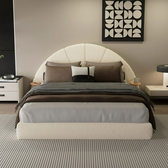 Unique Arched Boucle Bed with Small Table,Queen,Beige