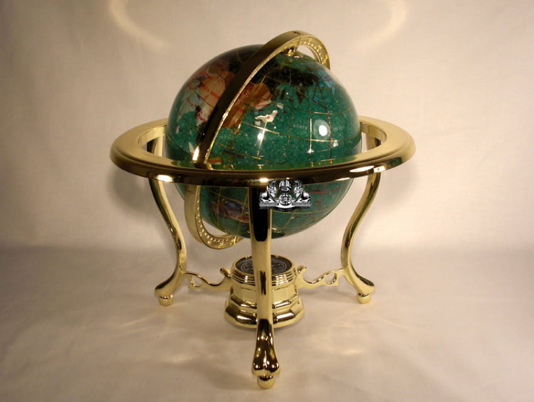 Unique Art 10-Inch Tall Table Top Green Crystallite Ocean Gemstone World Globe with Gold Tripod Stand