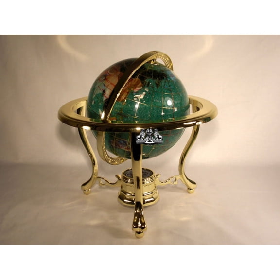 Unique Art 10-Inch Tall Table Top Green Crystallite Ocean Gemstone World Globe with Gold Tripod Stand