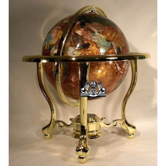 Unique Art 13-Inches Tall Table Top Amber Pearl Swirl Ocean Gemstone World Globe with Tripod Gold Leg Stand