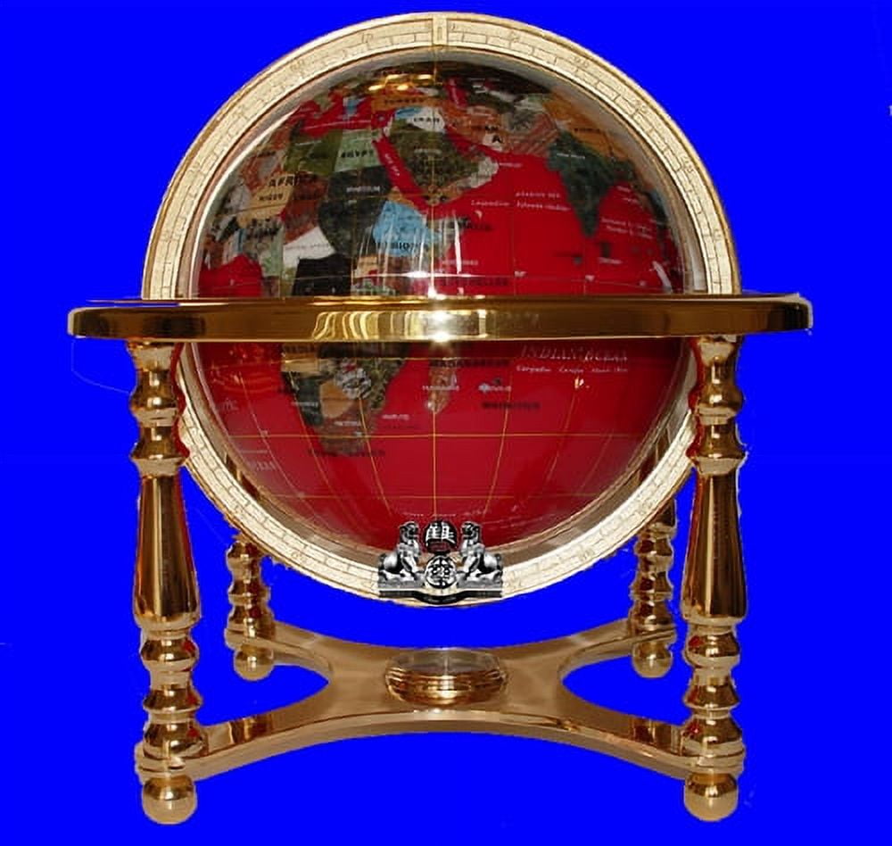 Red Ocean Gemstone World Globe with Gold Stand and Compass