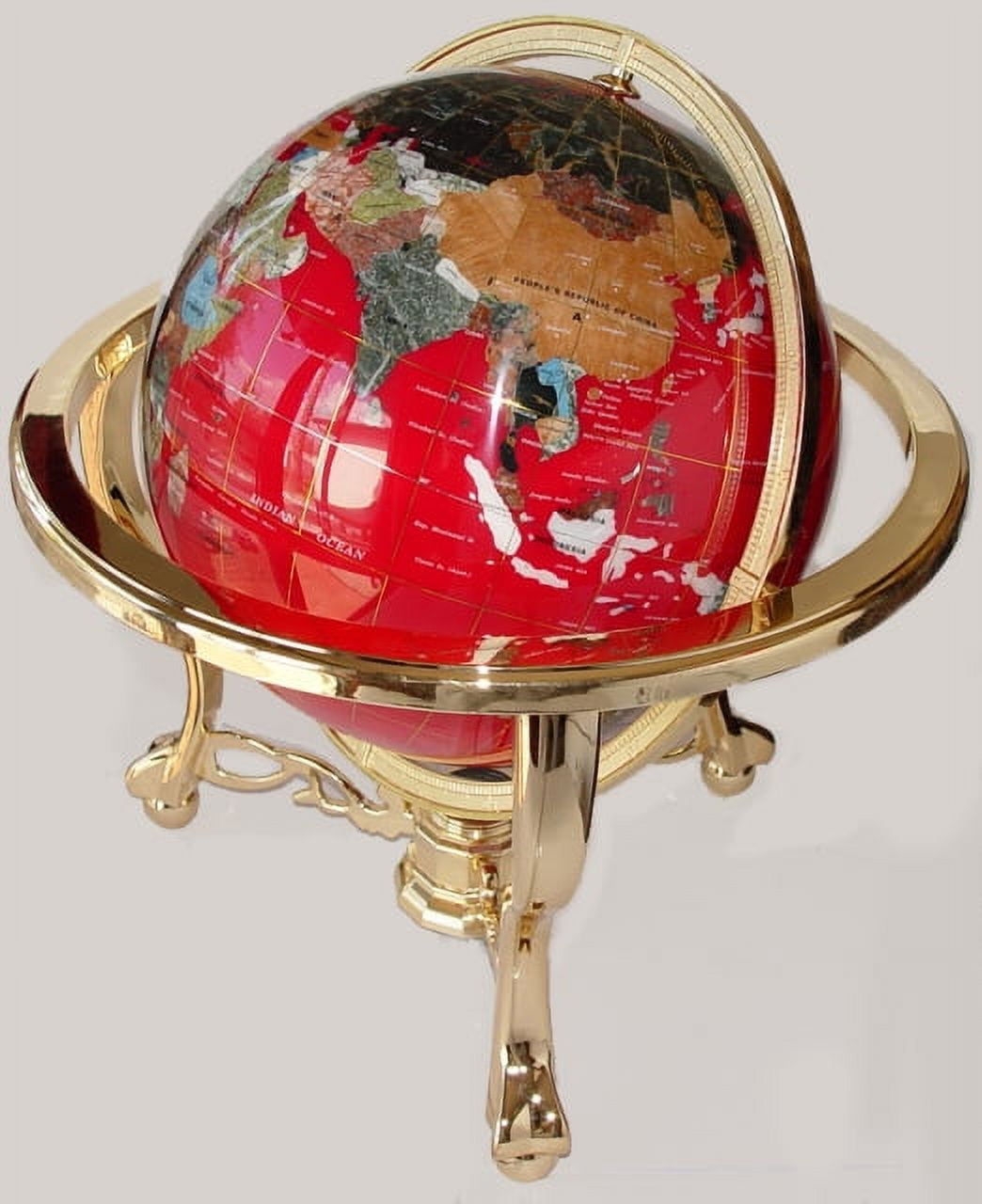 Red Gemstone World Globe with Gold Tripod Stand