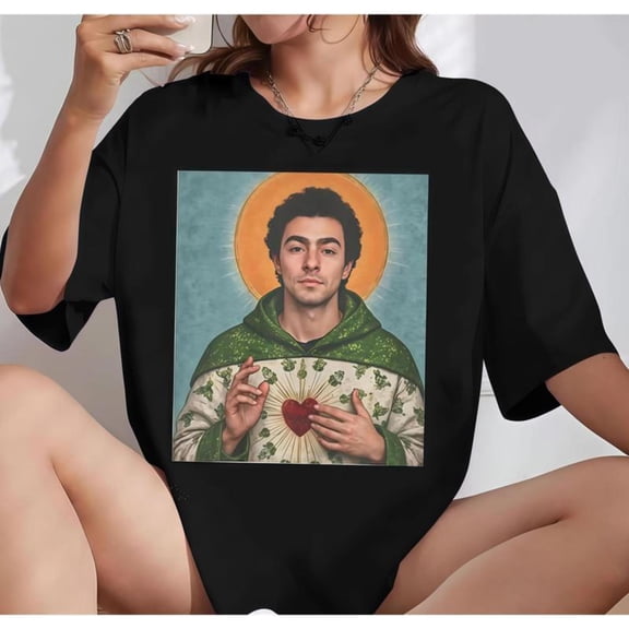 Unique Art - Themed Graphic Tee,Tops Feature a Portrait with a Halo, Green Cloak and Heart - holding Gesture Design, Round Neck Oversized Fit T - shirts, Size(S - 5XL)