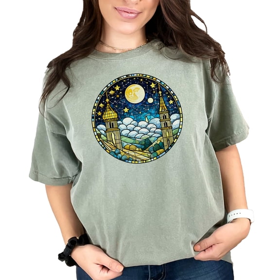 Unique Artistic Landscape Stained Glass T-Shirt, Starry Night Cityscape Tee, Moonlit Towers Graphic Shirt, Casual Wear Gift Idea, Moss Comfort Colors T-Shirt, Small