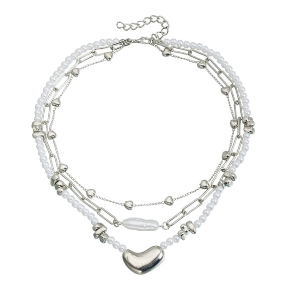 Unique Asymmetrical Heart Designs Faux Pearls Accent Necklace Alloy Materials Lightweight Jewelry Gift For Her