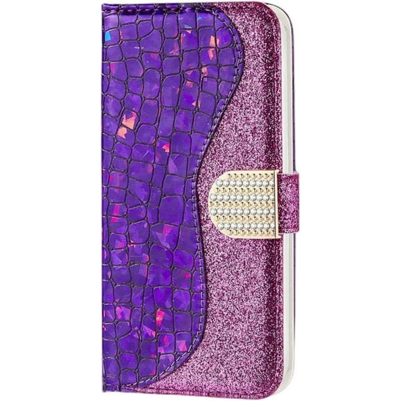 Unique Attractive Crocodile Pattern PU + TPU Phone case with Card Holder Wallet Stand for Samsung Galaxy A12 A32 A42 A52 S A72 4G 5G Bling Trendy Dropproof Bumper Cover(Purple,A52 4G/5G)