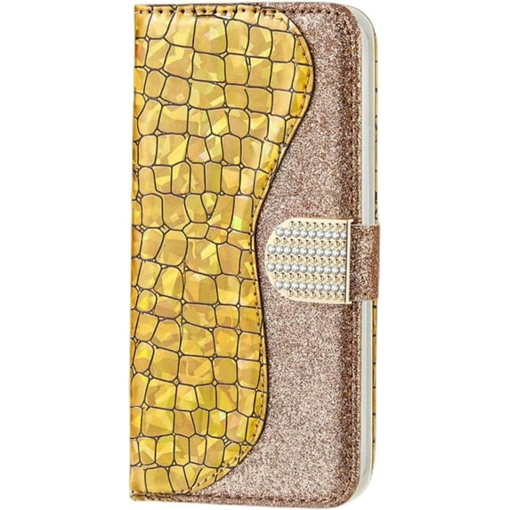 Unique Attractive Crocodile Pattern PU + TPU Phone case with Card Holder Wallet Stand for Samsung Galaxy S23 S22 S21 S20 Ultra Plus FE Bling Trendy Bumper Cover(Gold,S20 FE)
