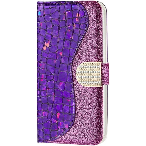 Unique Attractive Crocodile Pattern PU + TPU Phone case with Card Holder Wallet Stand for iPhone 14 13 12 11 8 7 6 SE X XS XR Plus Pro Max Mini Bling Trendy Bumper Cover(Purple,12 Pro)