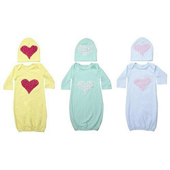 Unique Baby Baby-Girls 3-Pack Heart Design Bright Baby Gown and Matching Cap (Newborn, Multi-Colored)