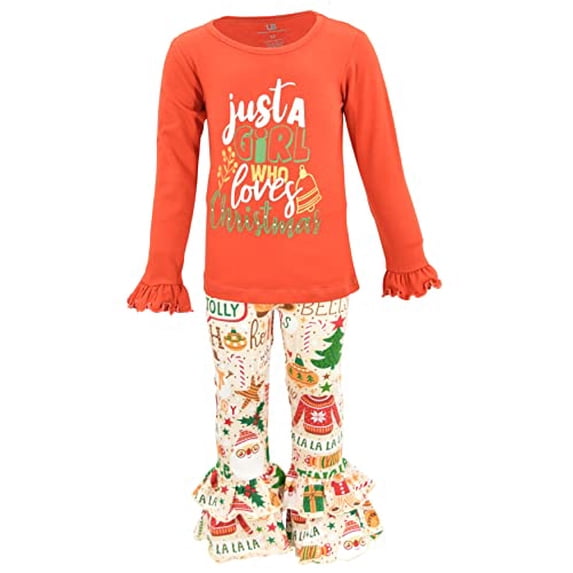 Unique Baby Girls 2 Piece Loves Christmas Ruffle Legging Set Outfit (7Y, Red)