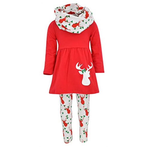 Unique Baby Girls 3 Piece Winter Colors Christmas Reindeer Outfit (2T/XS, Red)