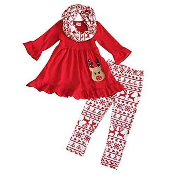 Unique Baby Girls Christmas Reindeer 3pc Legging Set Outfit (4t, Red)