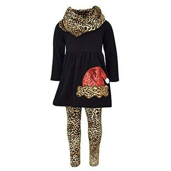 Unique Baby Girls Leopard Print Santa 3 Piece Christmas Outfit (3T/S, Black)