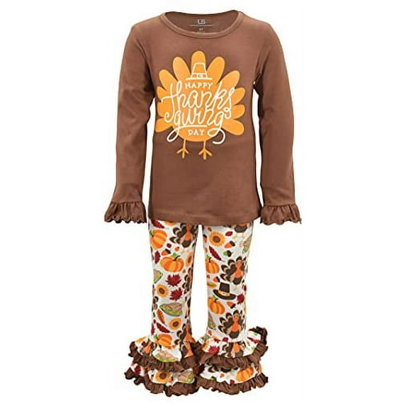 Unique Baby Girls Thanksgiving Day Turkey Ruffle Legging Set Outfit (6Y, Brown)