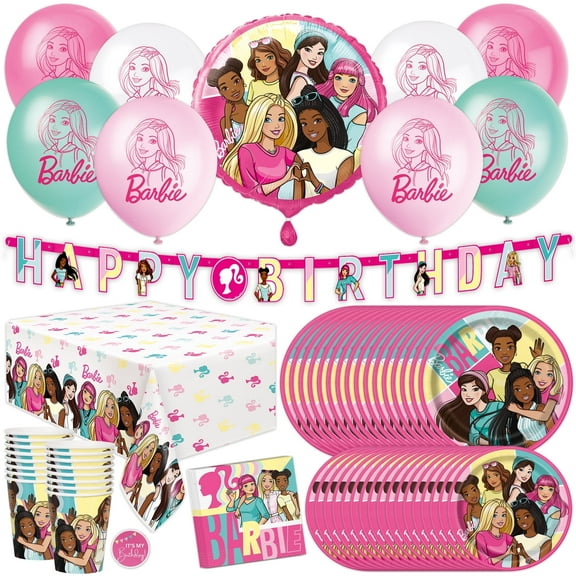 Unique Balloons Tablecloth Plates Cups Napkins Sticker Barbie Birthday Party Supply Set