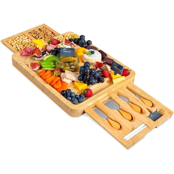 Unique Bamboo Cheese Board and Knife Set with 2 Slide-Out Cutlery Drawers - Charcuterie Boards Set & Cheese Platter - Ideal Anniversary, Wedding and Housewarming Gift