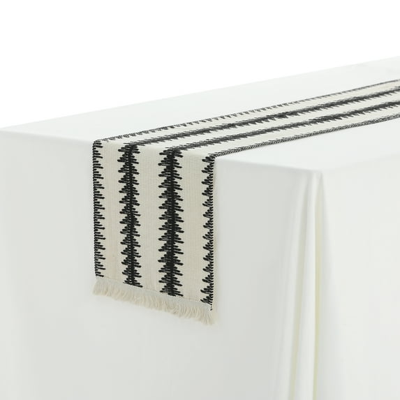 Unique Bargains 1 Pack Tassel Table Runner Cotton Linen Simple Table Flags Black White 12"x71"