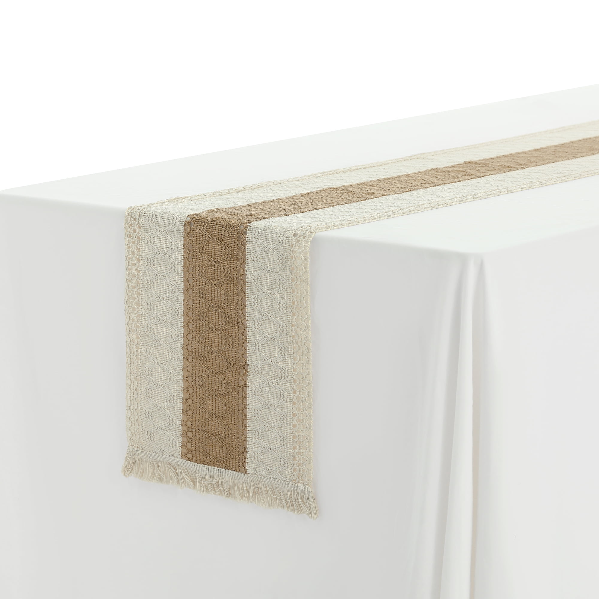 Unique Bargains 1 Pack Tassel Table Runner Cotton Linen Simple Table Flags Brown 12"x71"