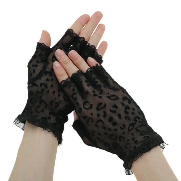 Unique Bargains 1 Pair Breathable Fingerless Leopard Print Manicure Gloves Women Black