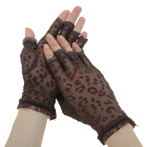 Unique Bargains 1 Pair Breathable Fingerless Leopard Print Manicure Gloves Women Coffee Color