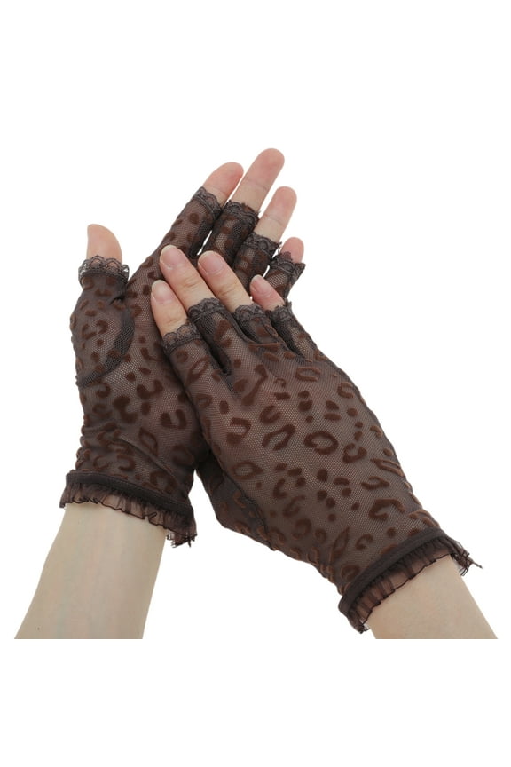 1 Pair Breathable Fingerless Leopard Print Manicure Gloves Women Coffee Color
