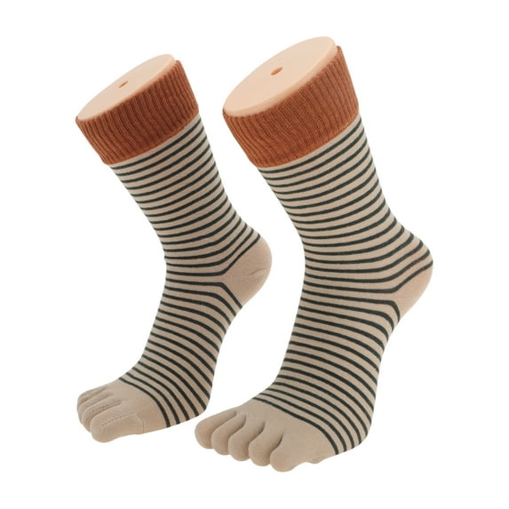 Unique Bargains 1 Pair Five Toe Socks Soft Contrast Color Cuff Stripe Socks for Women Coffee, Black, Beige