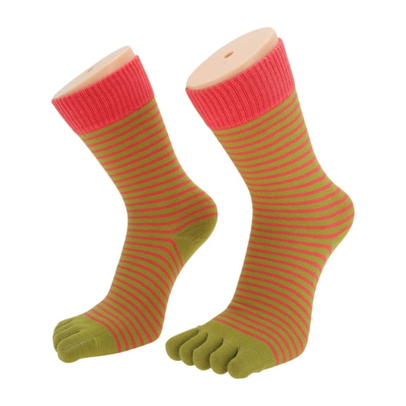 Unique Bargains 1 Pair Five Toe Socks Soft Contrast Color Cuff Stripe Socks for Women Red, Green