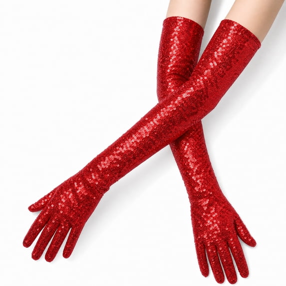 Unique Bargains 1 Pair Party Gloves Elegant Extra Long Sequin Long Opera Party Gloves 23.62"x4.72" Red